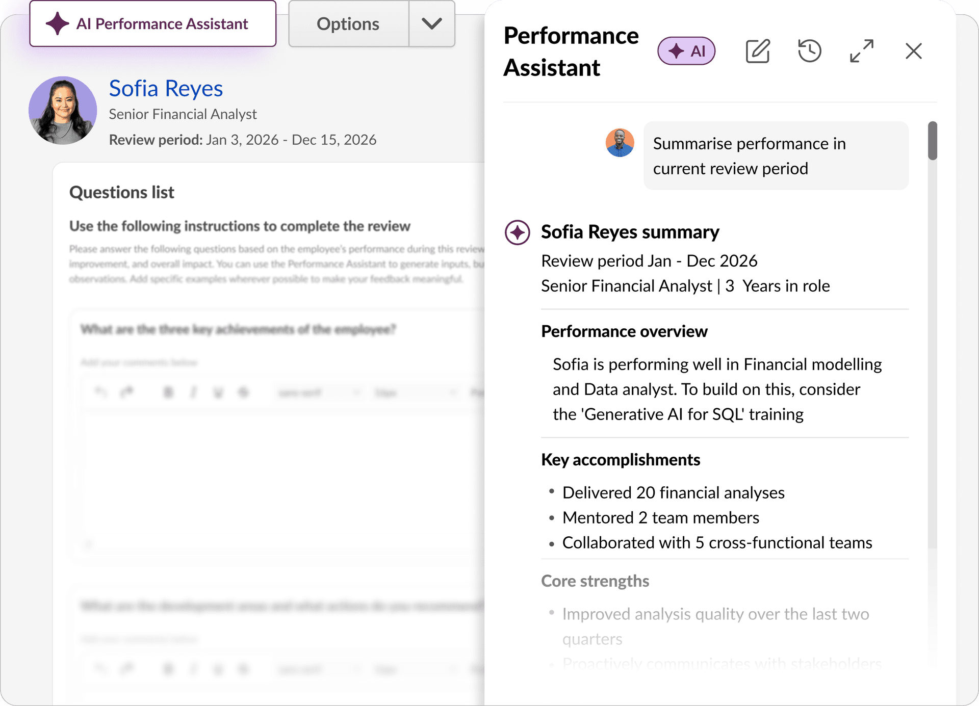 An AI Performance Assistant generating a summary of an employee's performance review with accomplishments and strengths, displayed next to a review form.