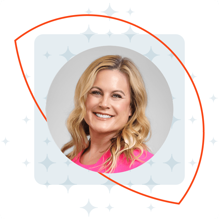 Smiling blonde woman in a pink top within a circular frame, set against a sparkling background with an orange curve.