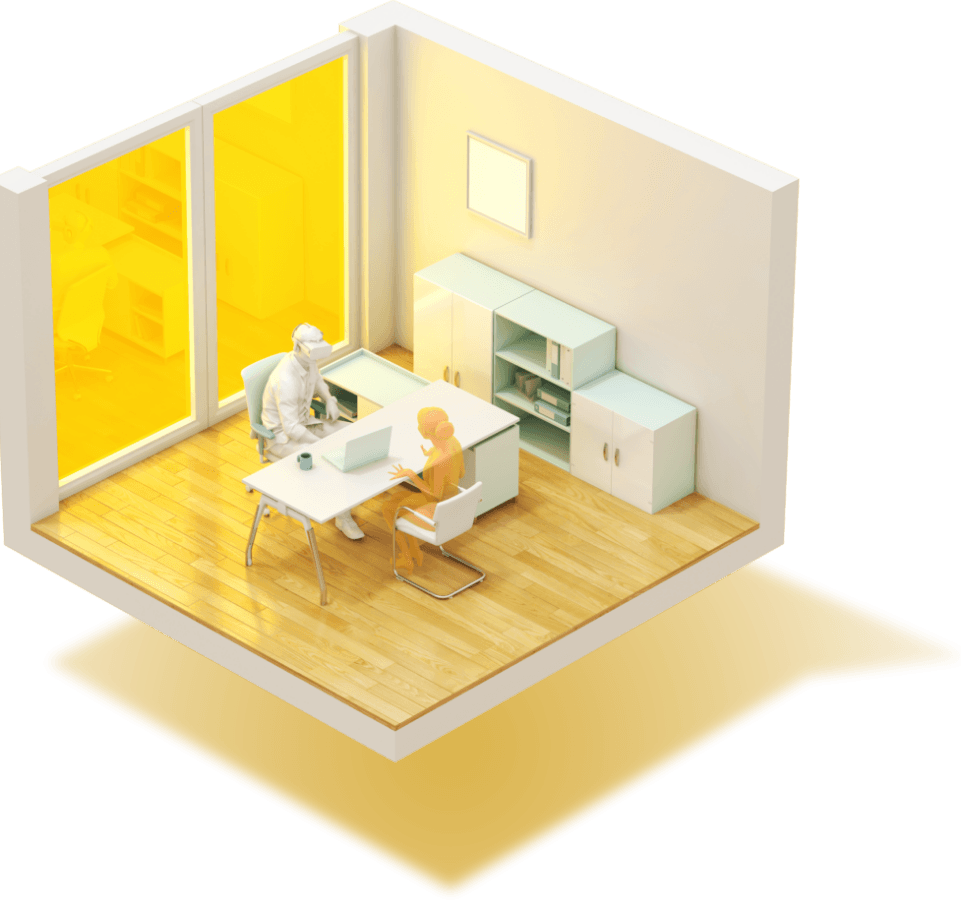 an isometric illustration of a person sitting at a desk with a laptop