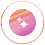 Icono con dos destellos blancos sobre un círculo a rayas de color rosa, naranja y morado, dentro de un anillo naranja.