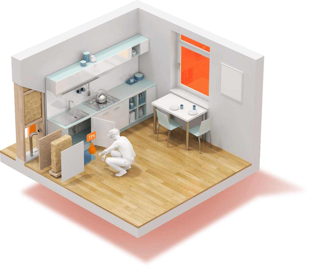 An isometric drawing of a kitchen with a man squatting on the floor.