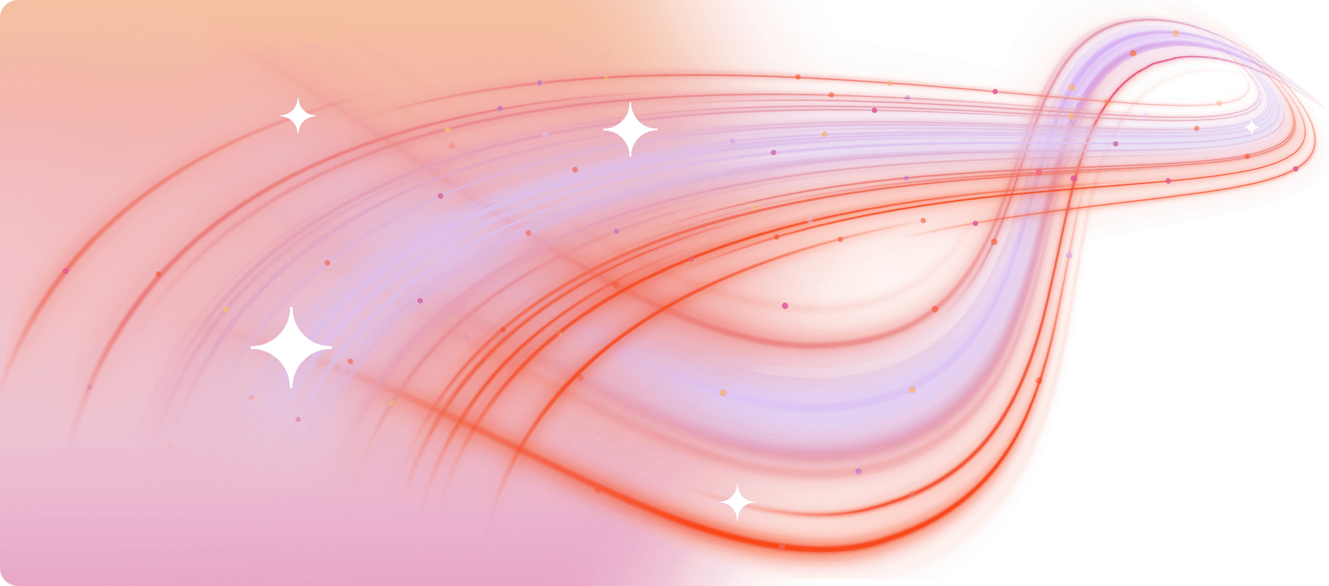 Abstract design featuring flowing red, orange, and purple lines with bright sparkles.