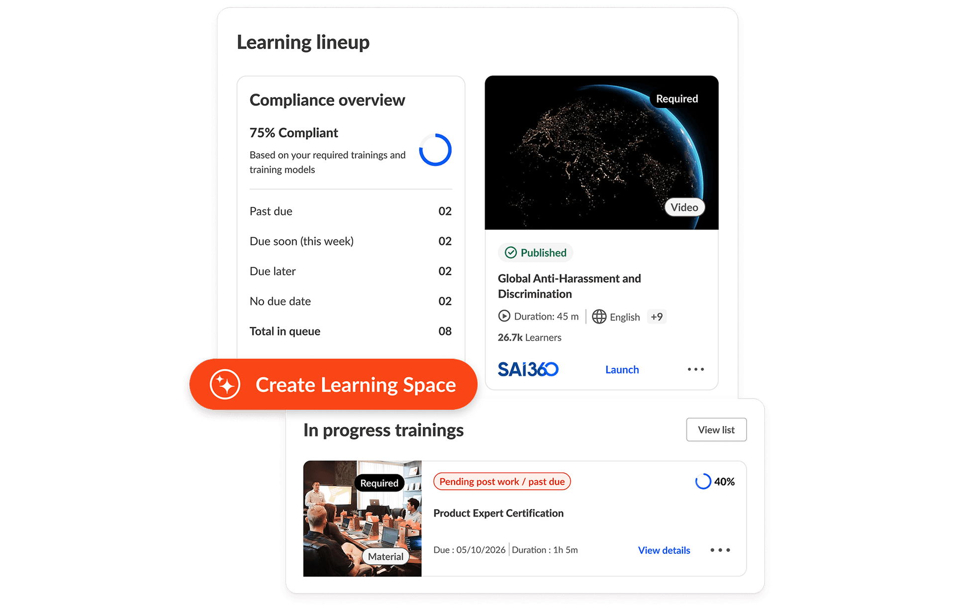 A learning platform interface showing a compliance overview, various training modules, and a prominent "Create Learning Space" button.