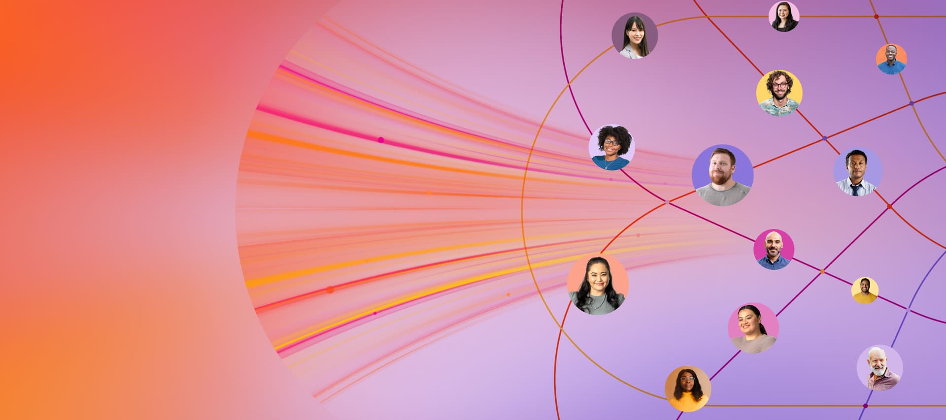 Diverse profile pictures connected by lines on an orange-to-purple gradient background with radiating abstract patterns.