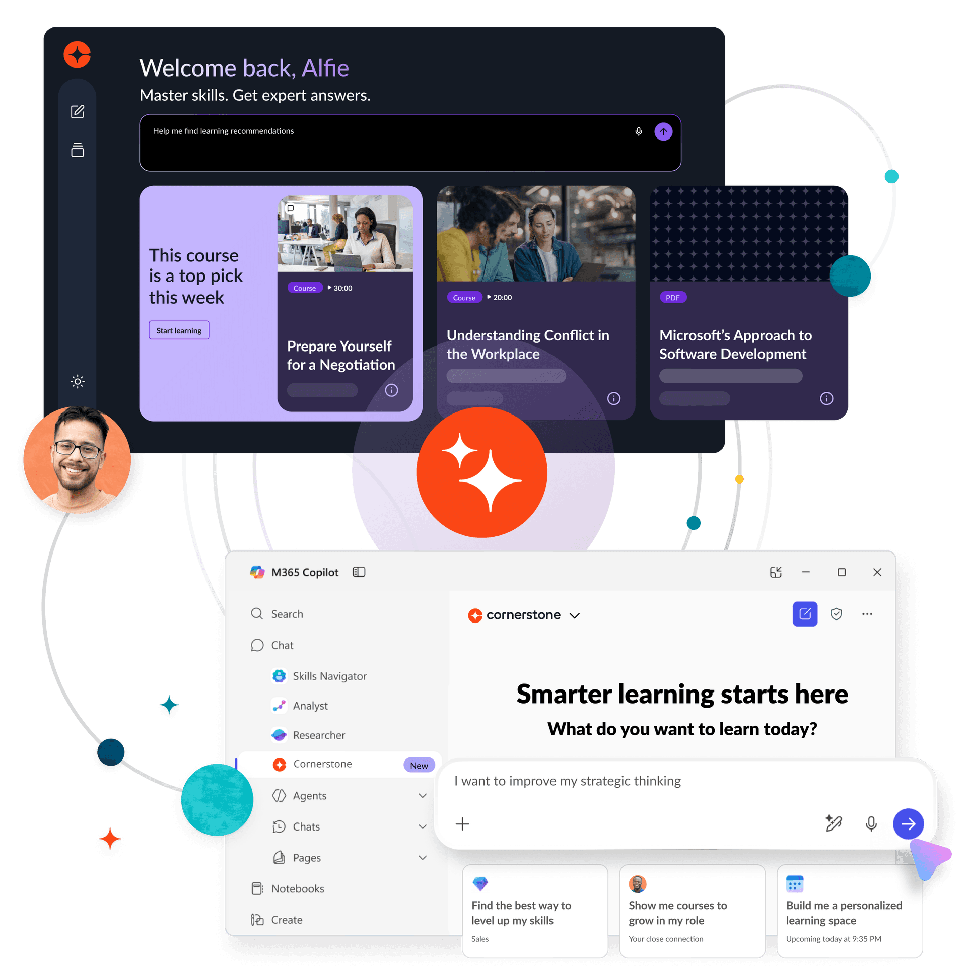 Two AI-powered learning platform interfaces, one dark displaying recommended courses and another light integrated with M365 Copilot showing skill development prompts. A man's profile picture and an orange sparkle icon are also visible.