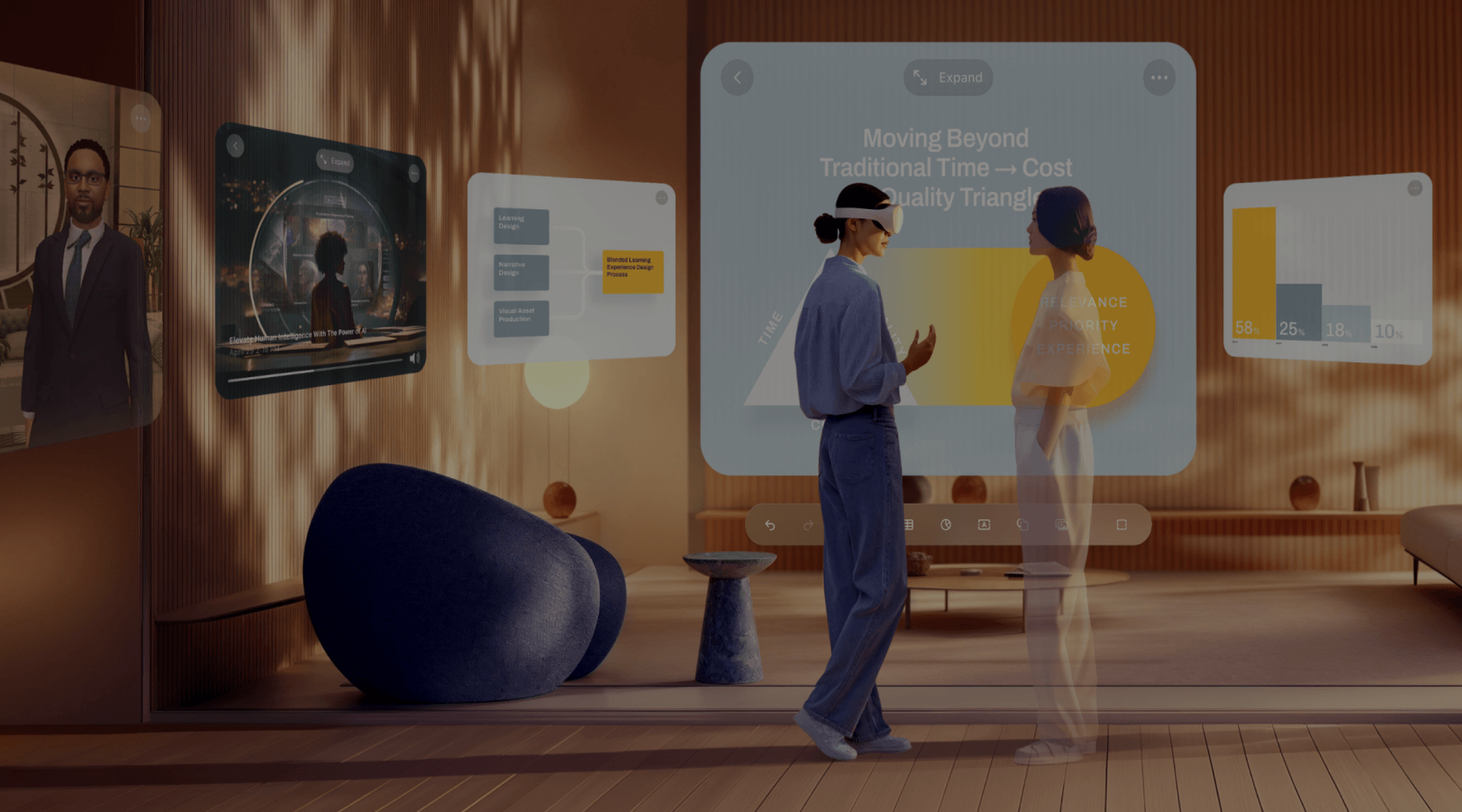 Two people standing in front of a screen that says "moving beyond."