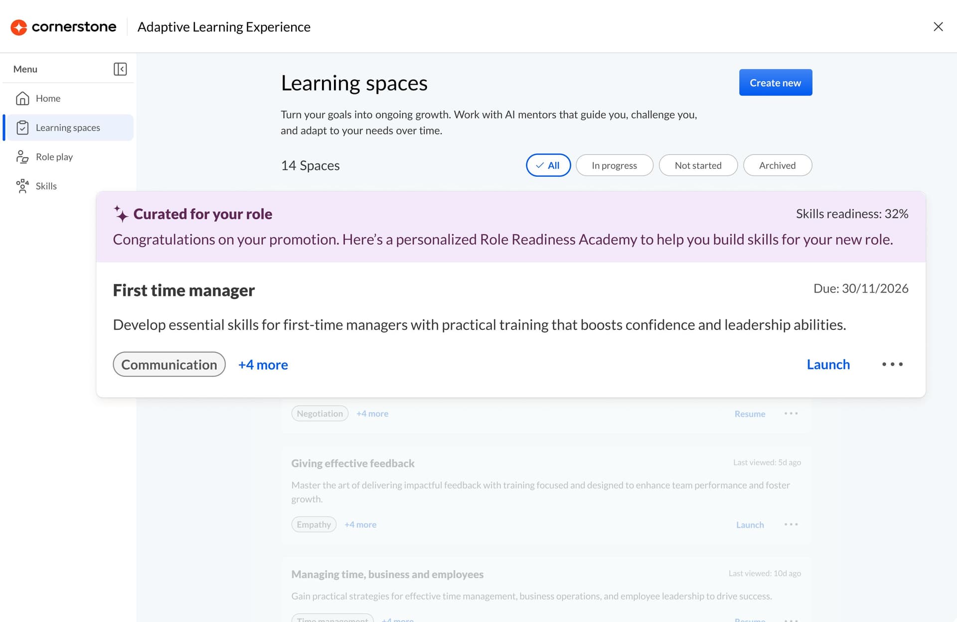 A "My Learning" dashboard for Emma, displaying 75% compliance, a past due anti-bribery training, a registered anti-harassment training, and 40% completion for a Project Manager certification.