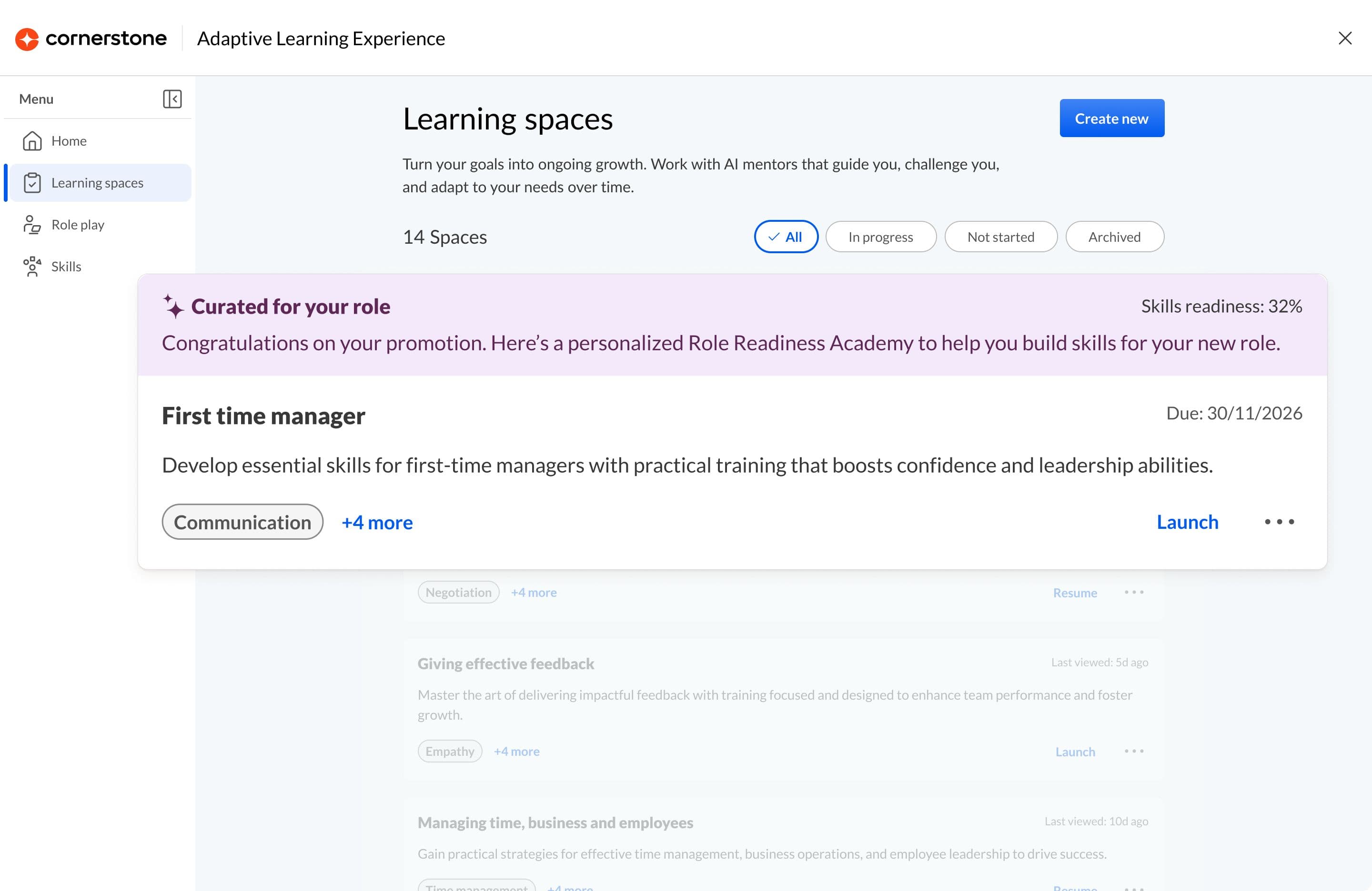A "My Learning" dashboard for Emma, displaying 75% compliance, a past due anti-bribery training, a registered anti-harassment training, and 40% completion for a Project Manager certification.