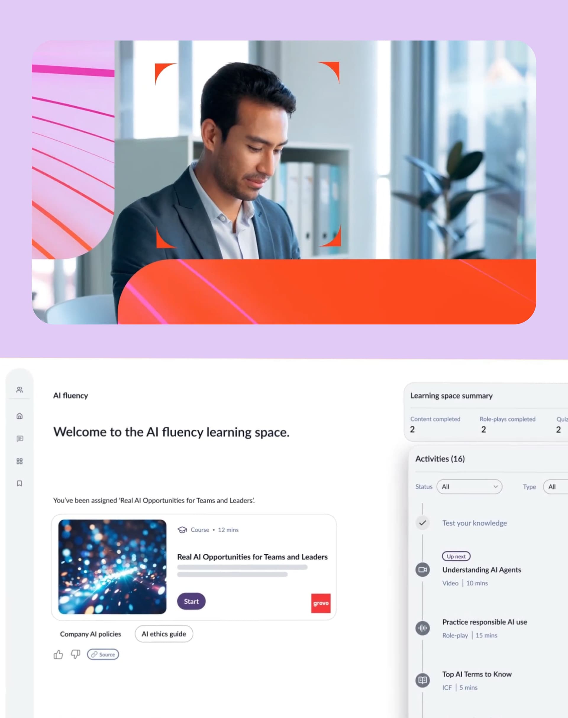 A man in an office setting above a screenshot of an AI fluency learning platform showing courses and modules.