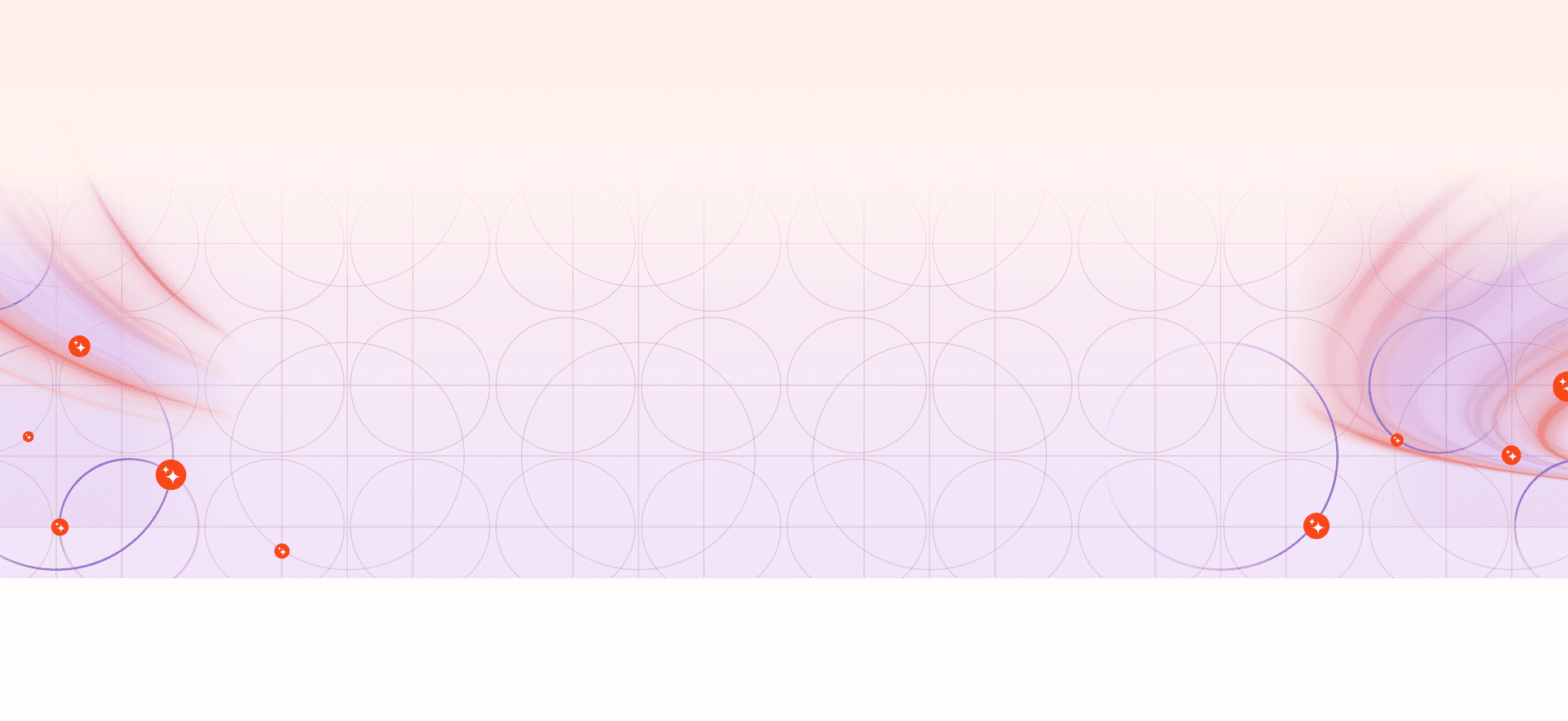 Abstract background with a light purple grid, orange and purple swirls, and red dots connected by blue lines.