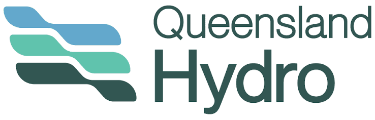 Queensland Hydro logo with wavy blue and green bands.