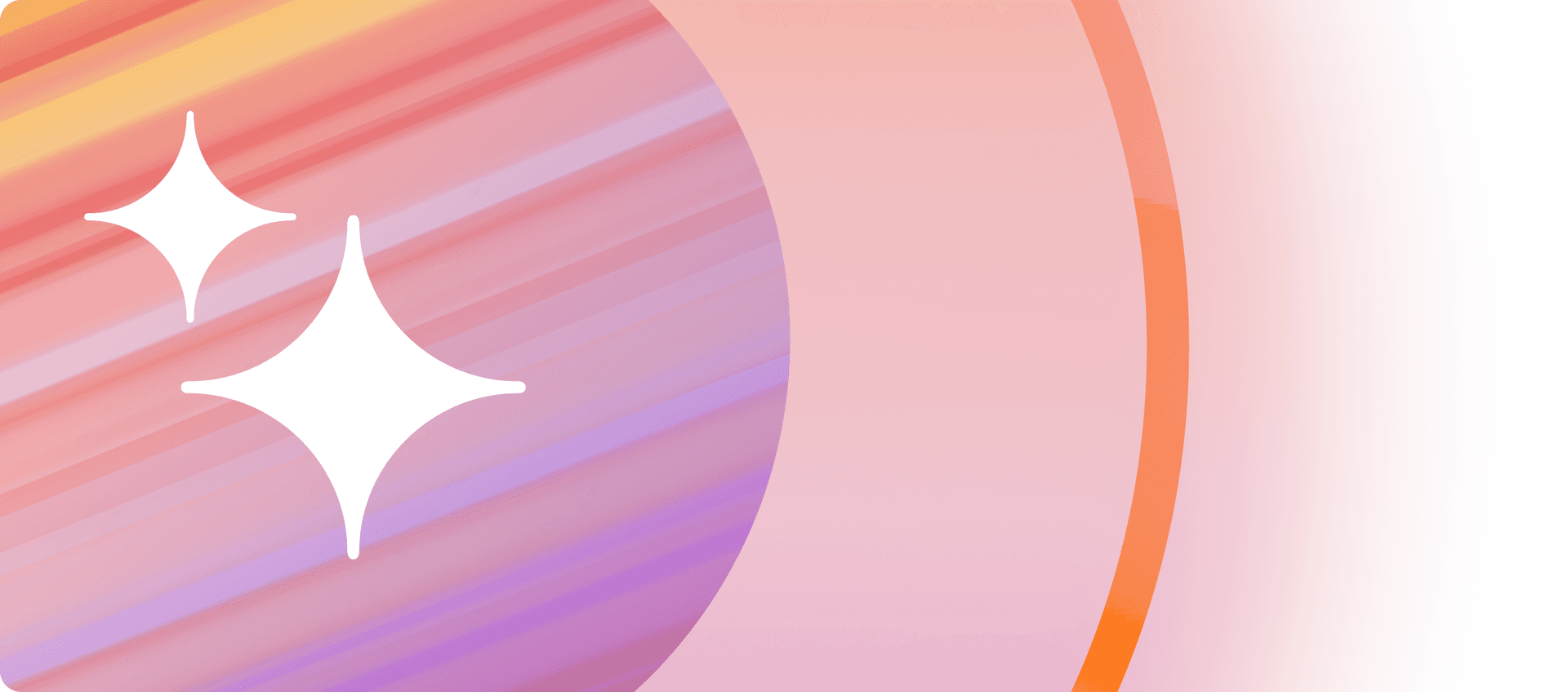 Abstract design with two white sparkle icons over colorful diagonal stripes and a large curved gradient.
