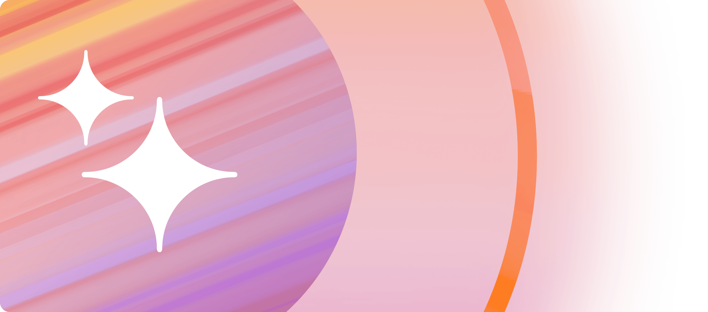 Diseño abstracto con dos iconos de destello blancos sobre rayas diagonales de colores y un degradado curvado de gran tamaño.