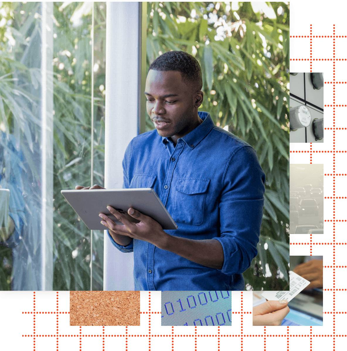 タブレットを見ている男性の画像。男性の背景にはグラフィカルな画像。