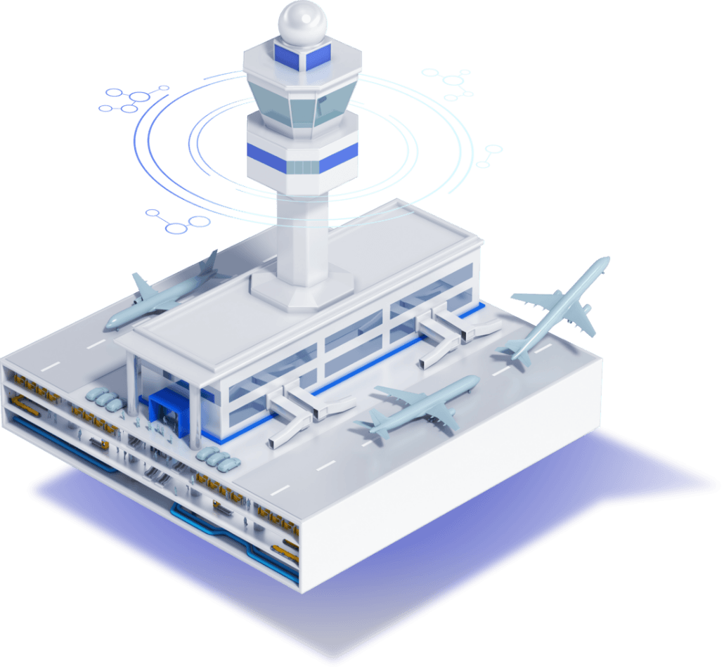an isometric model of an airport with planes on the tarmac