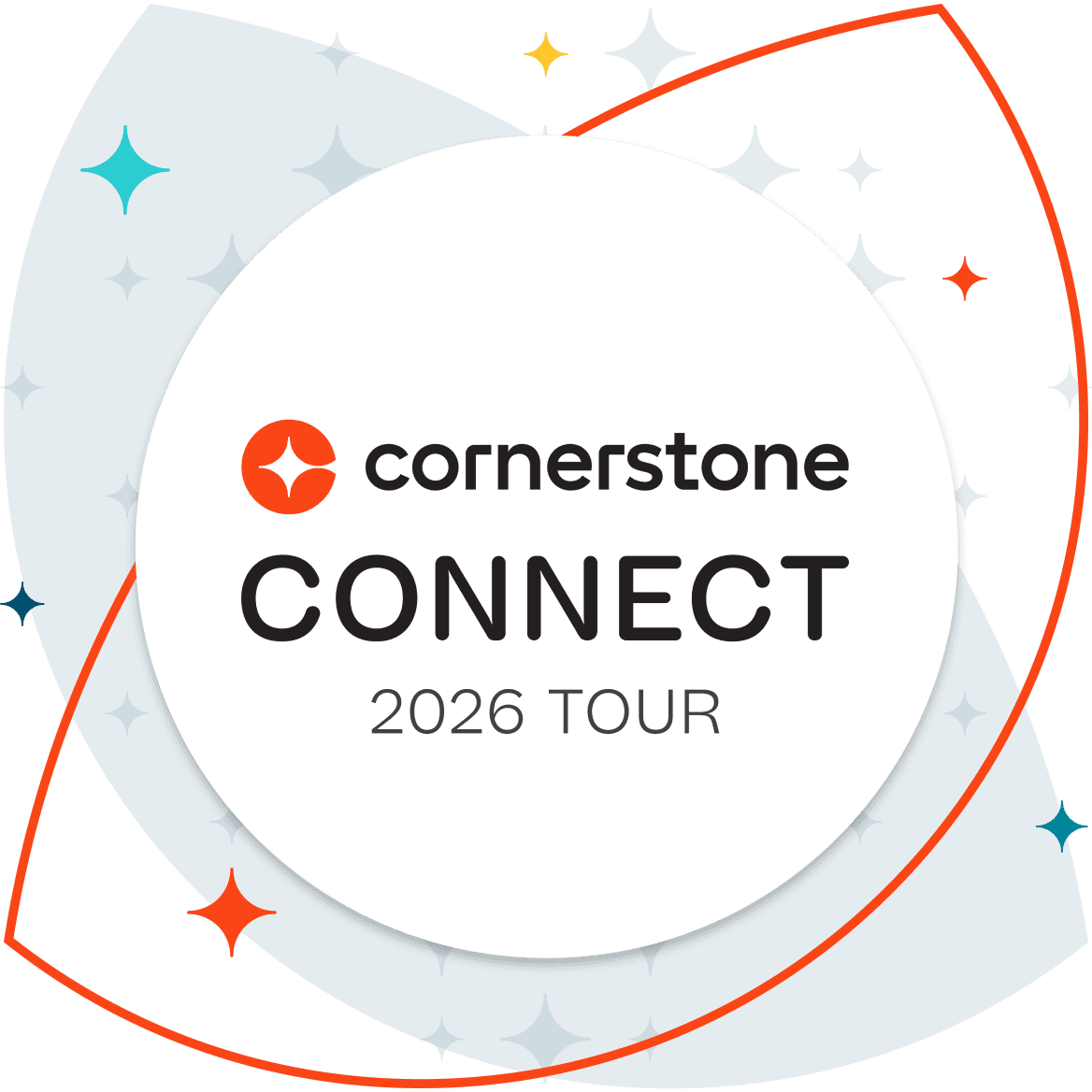Cornerstone CONNECT 2026 TOUR logo on a white circle with a dark, abstract starry background.