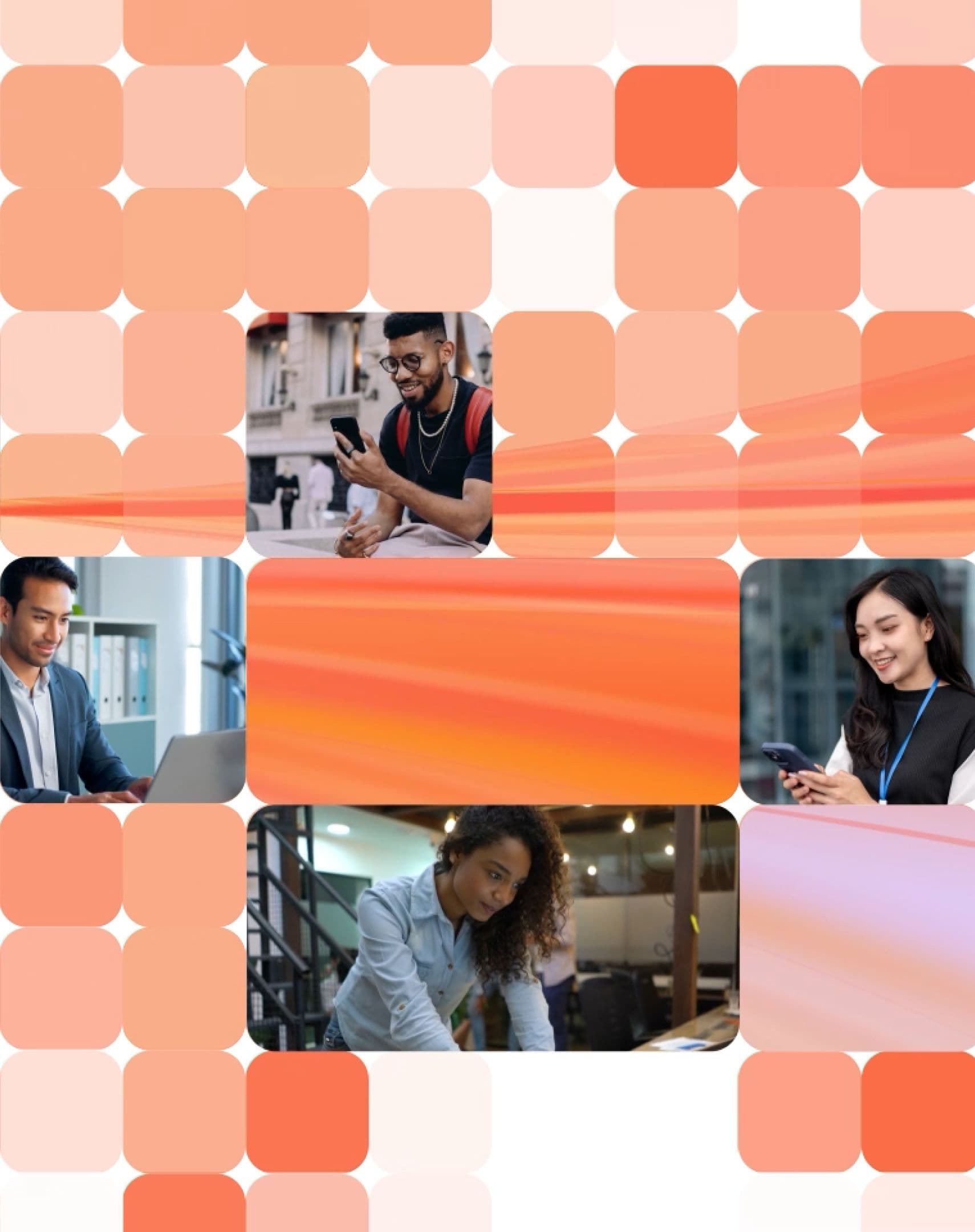 A mosaic of diverse people working and using phones, surrounded by orange and white geometric blocks.
