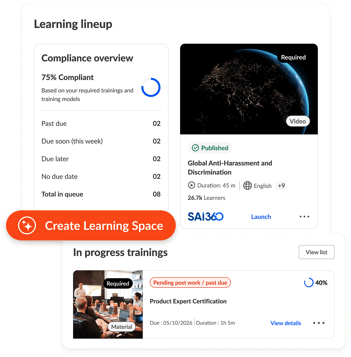A learning portal dashboard displaying compliance status (75% compliant), a required "Global Anti-Harassment" training, and a "Create Learning Space" button.