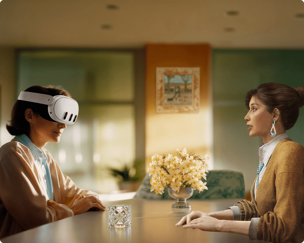 Imagen de dos personas en una simulación virtual.