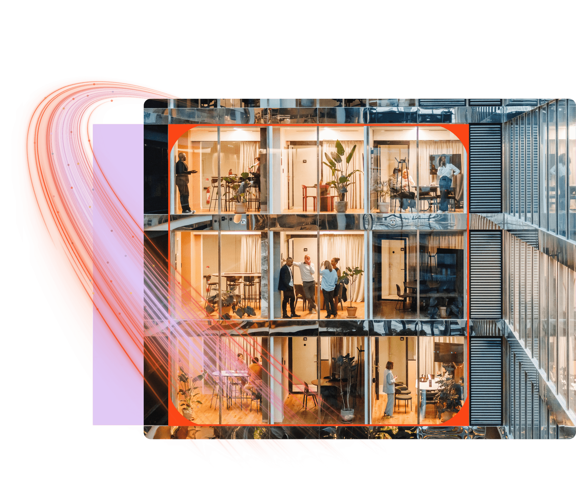 Multi-story office building with people working, overlaid with swirling orange and purple graphic elements.