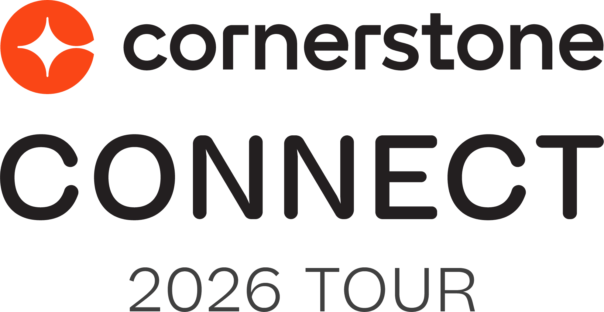 Logo for cornerstone CONNECT 2026 TOUR, with an orange circle containing a white star.