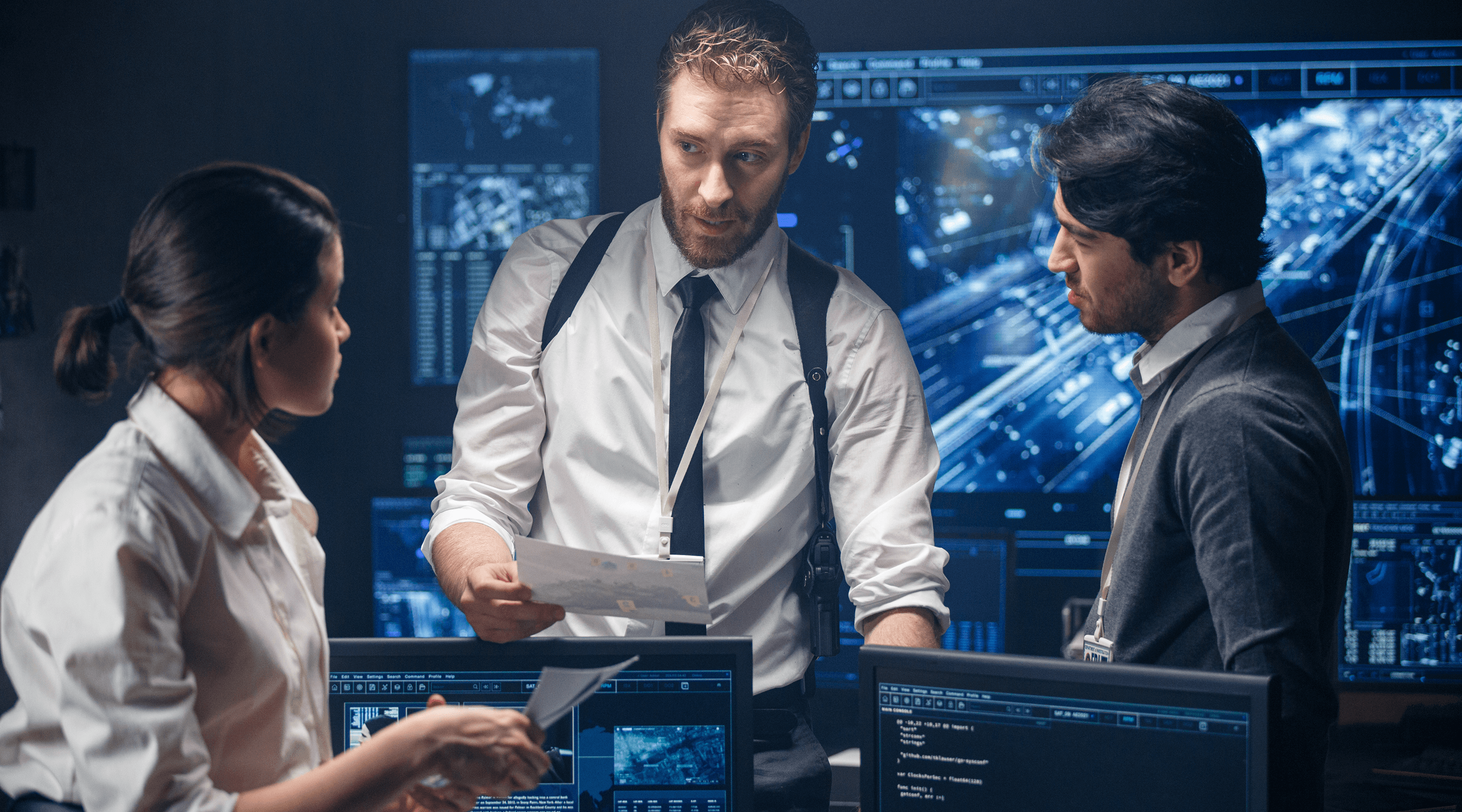 Three investigators review documents in a dark control room with multiple glowing monitors.