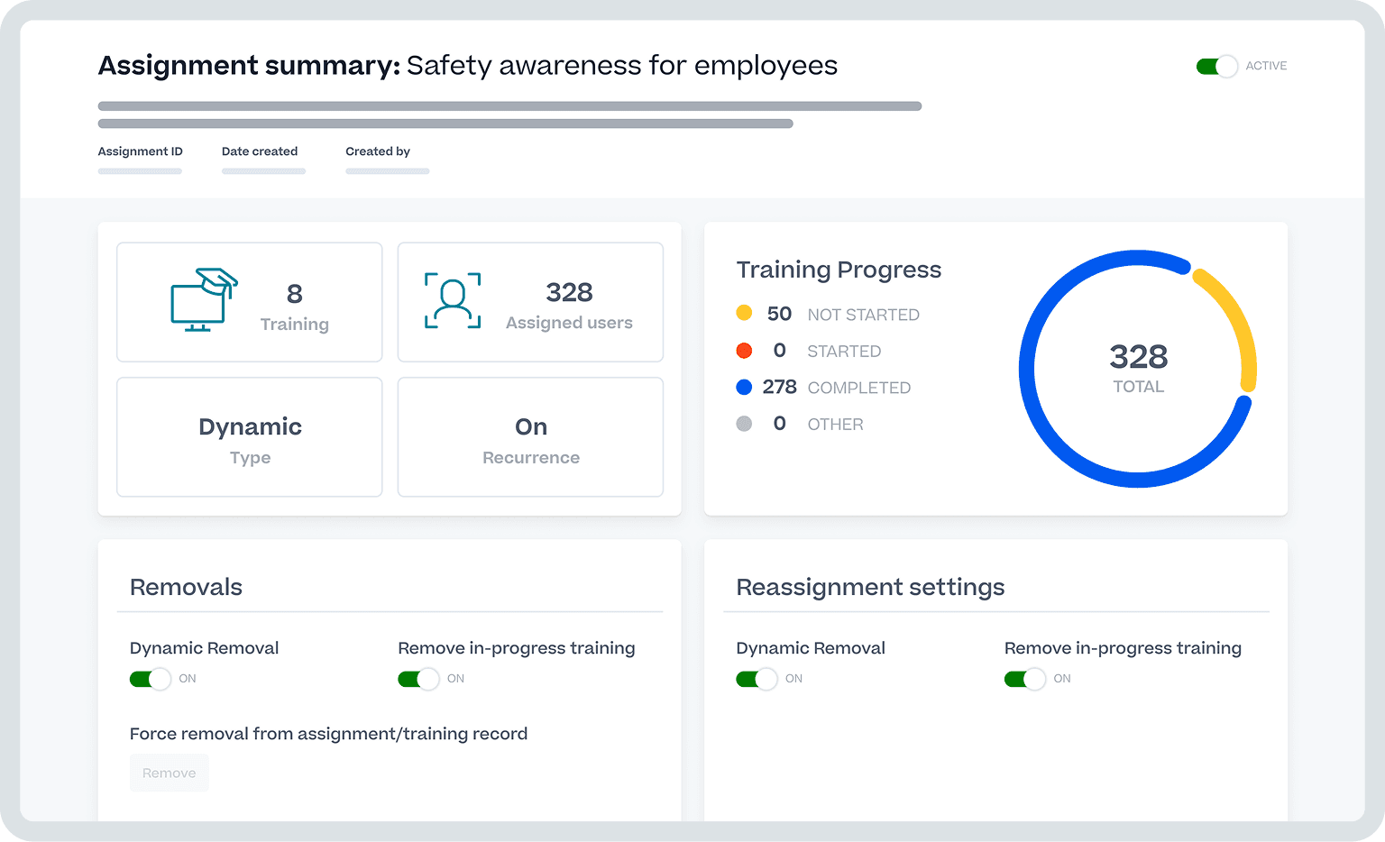 Un panel que muestra un resumen de la capacitación de los empleados en "Conciencia sobre la seguridad", que incluye el progreso de 328 usuarios asignados y las configuraciones de administración.