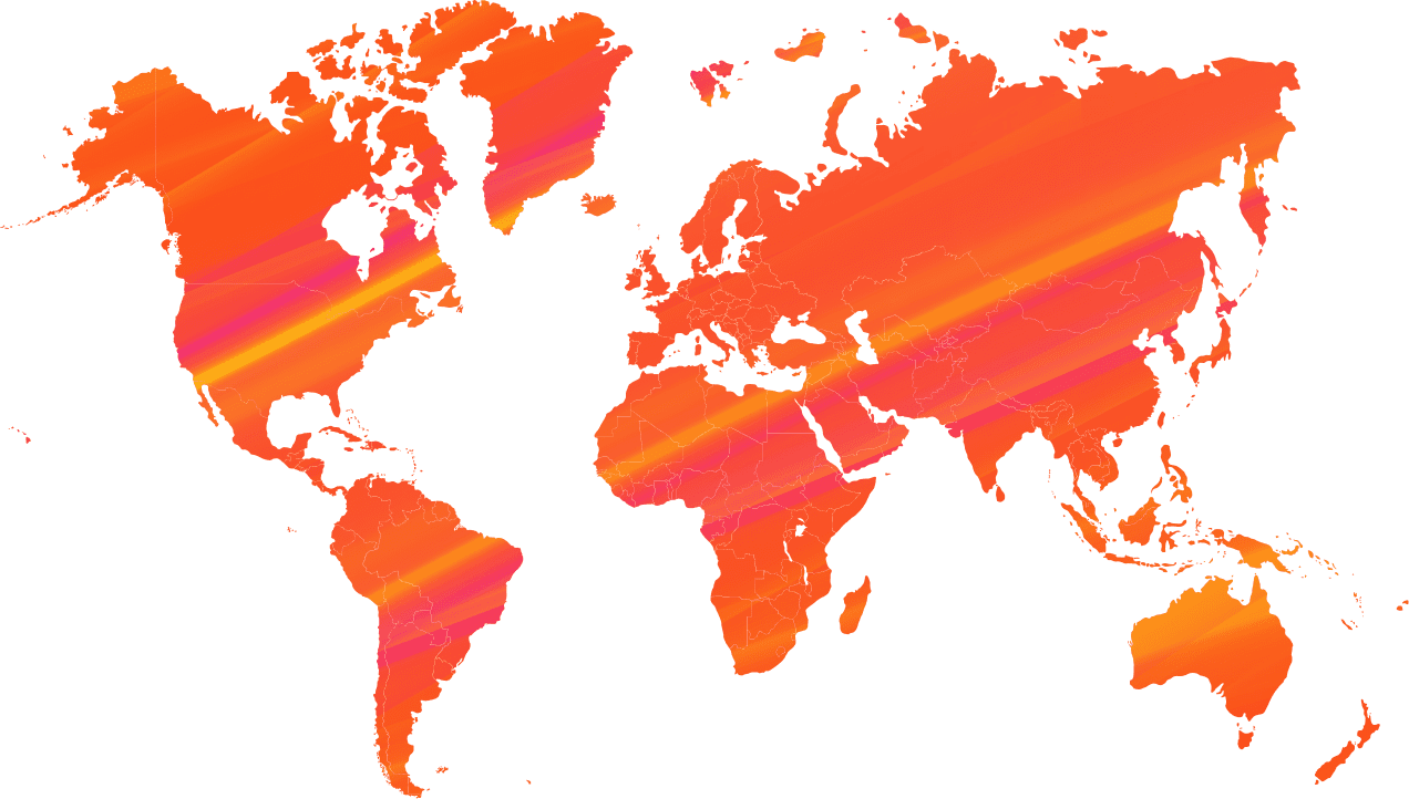 World map with a diagonal orange, pink, and yellow gradient.
