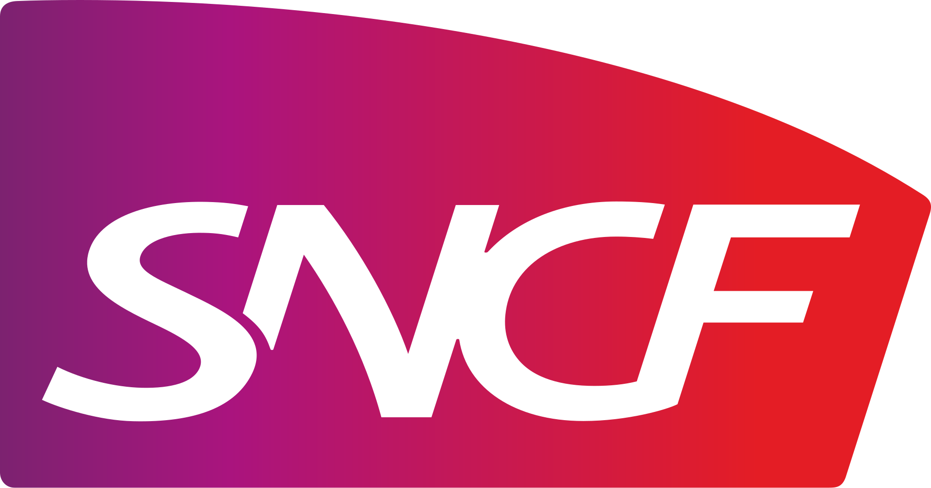 Logotipo de SNCF con texto blanco sobre un fondo degradado de púrpura a rojo.