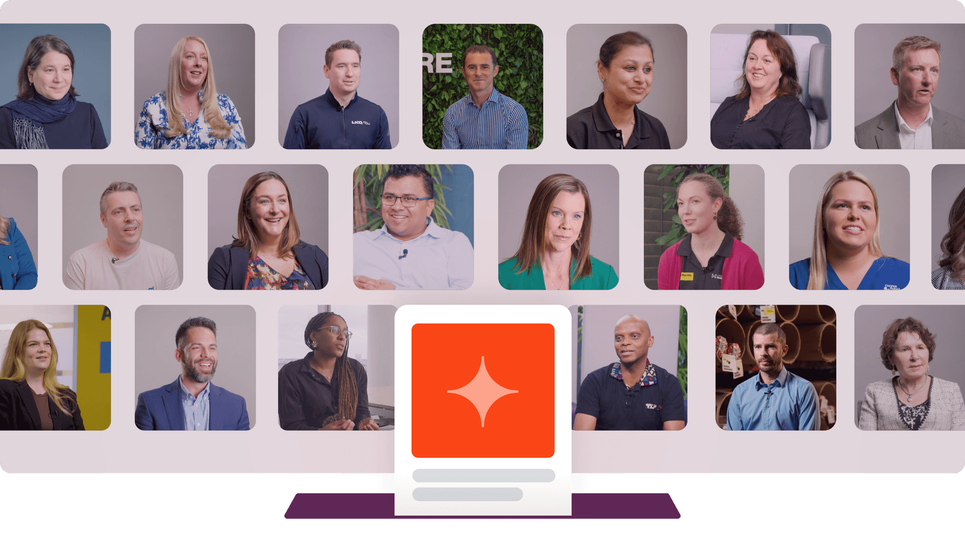 A grid of diverse professionals in video call frames, with an orange card featuring a star icon partially covering the bottom right.