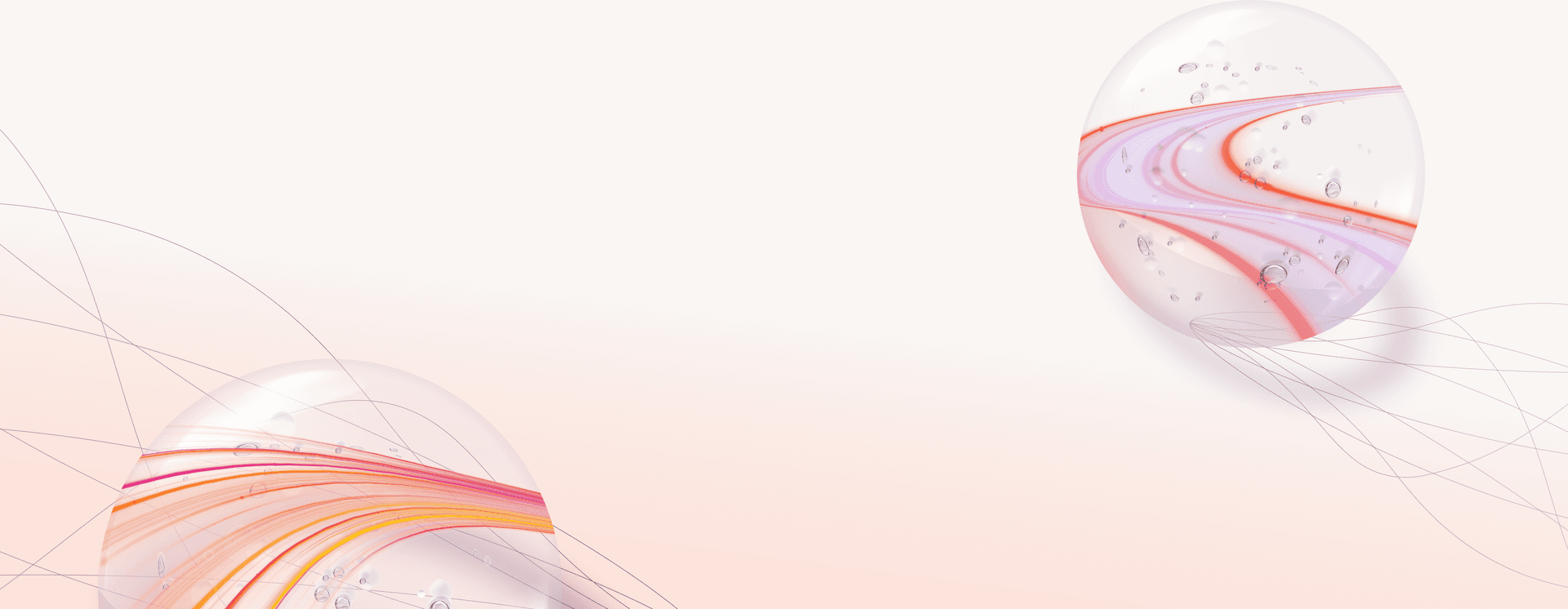 Two translucent spheres with colorful swirling lines and specks, on a pale gradient background with subtle curved lines.