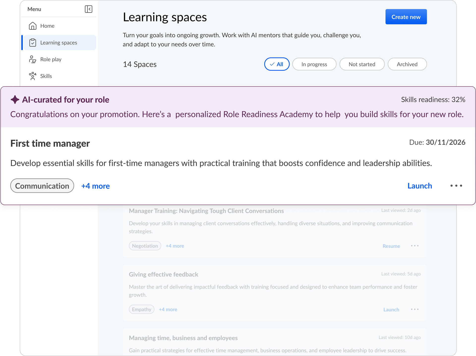 A digital learning platform interface showing "Learning spaces" with an AI-curated "First time manager" course personalized for a user's new role.