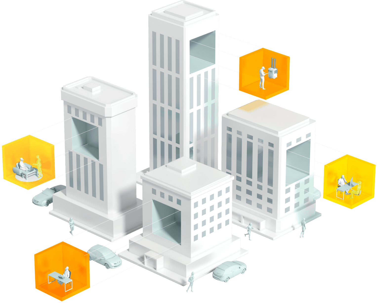 an illustration of a city with buildings and people