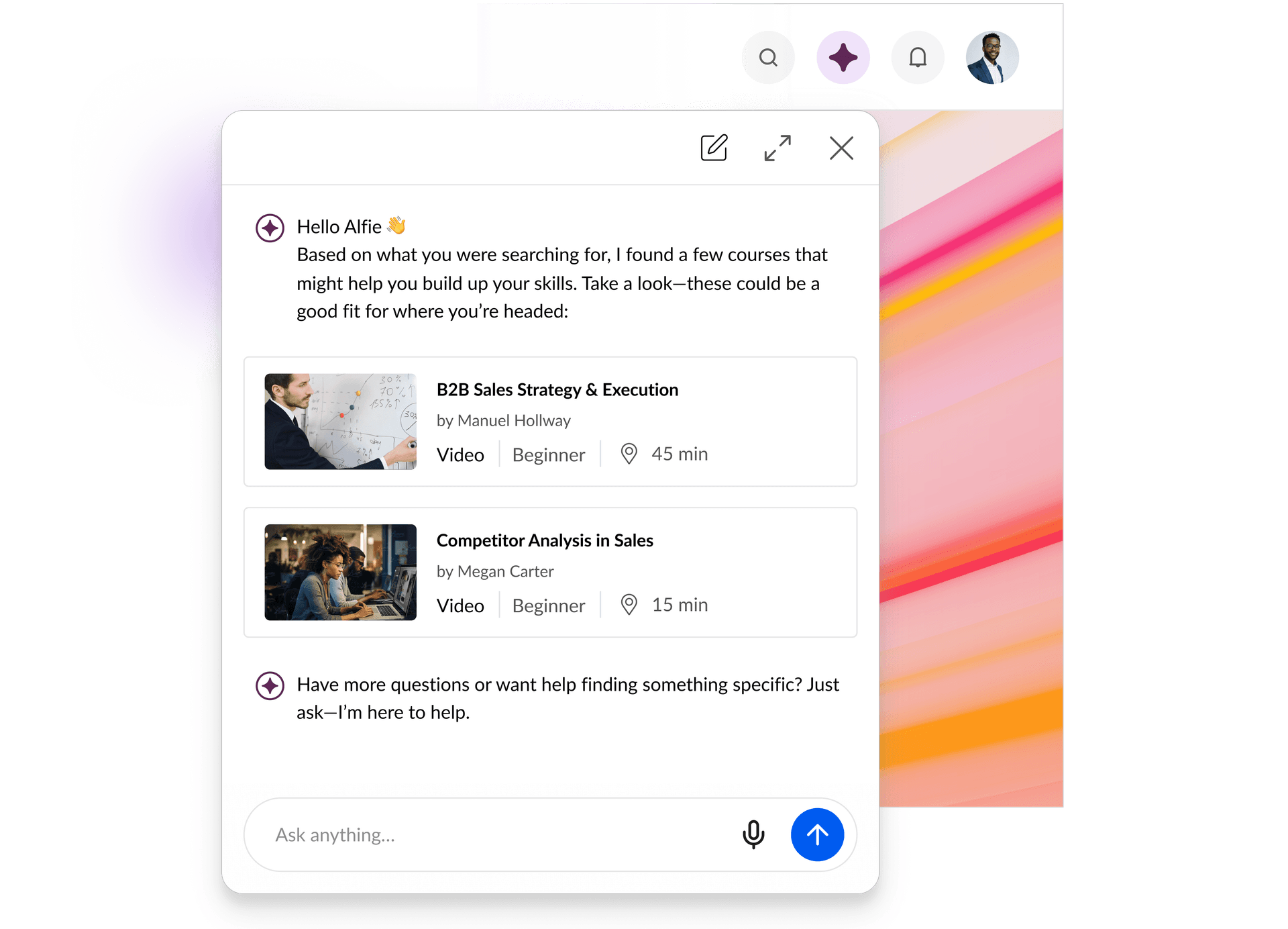 An AI assistant interface displaying suggested online courses for B2B sales strategy and competitor analysis, with a chat input field.