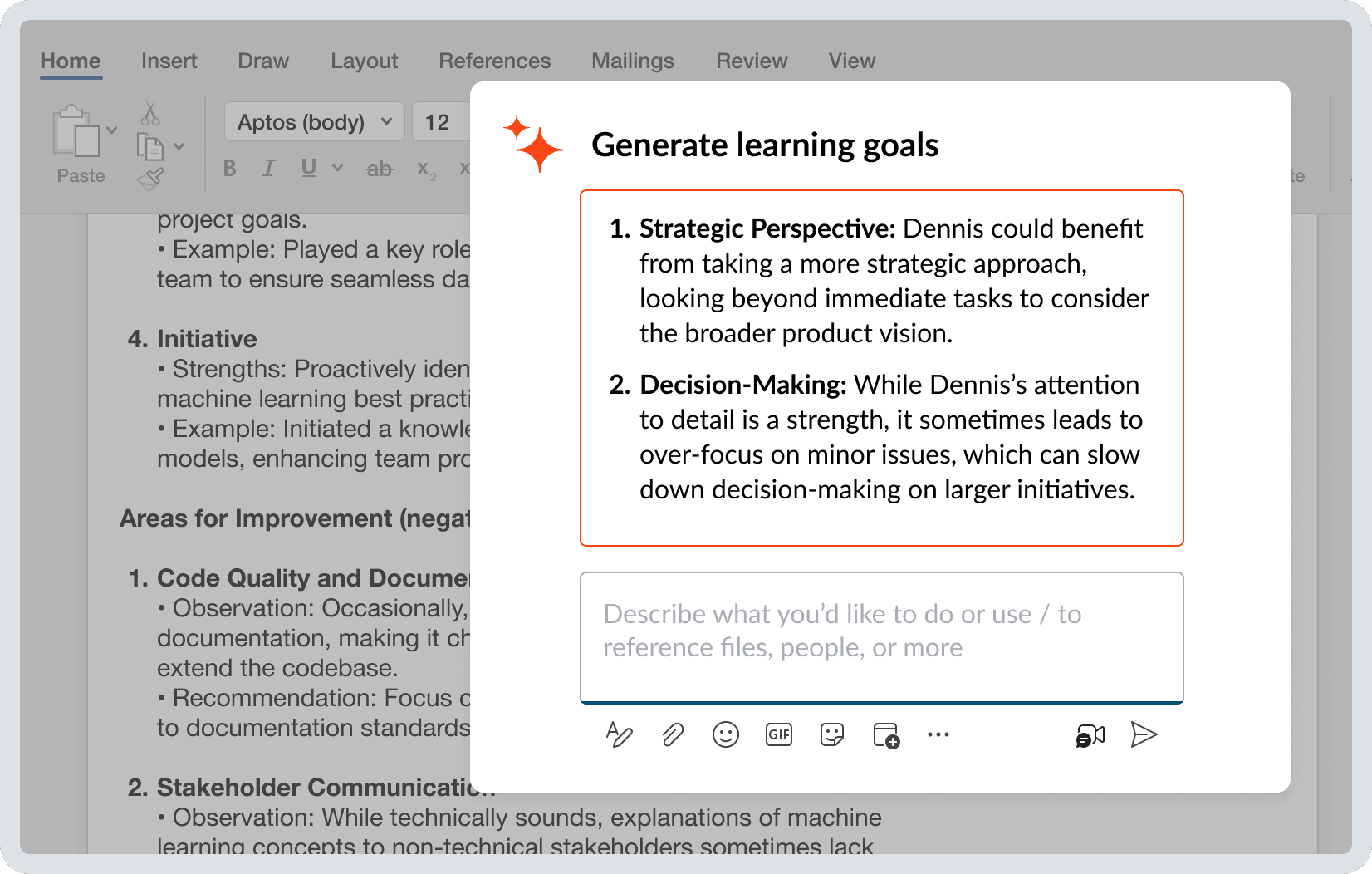 Product screen shot of how users can created AI generated learning goals with Cornerstone.