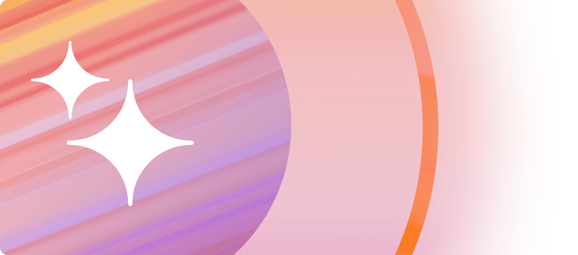 Design abstrait avec deux icônes d'étincelles blanches sur des rayures diagonales colorées et un grand dégradé incurvé.