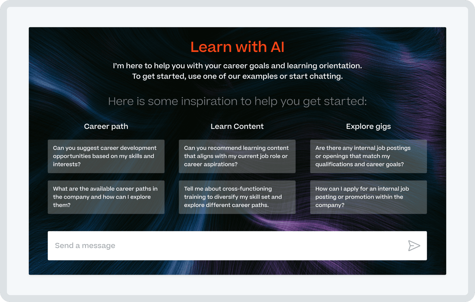 Product screenshot of Cornerstone Learn with AI, indicating how a user can choose a career path, then get associated learn path and then opt into gigs.