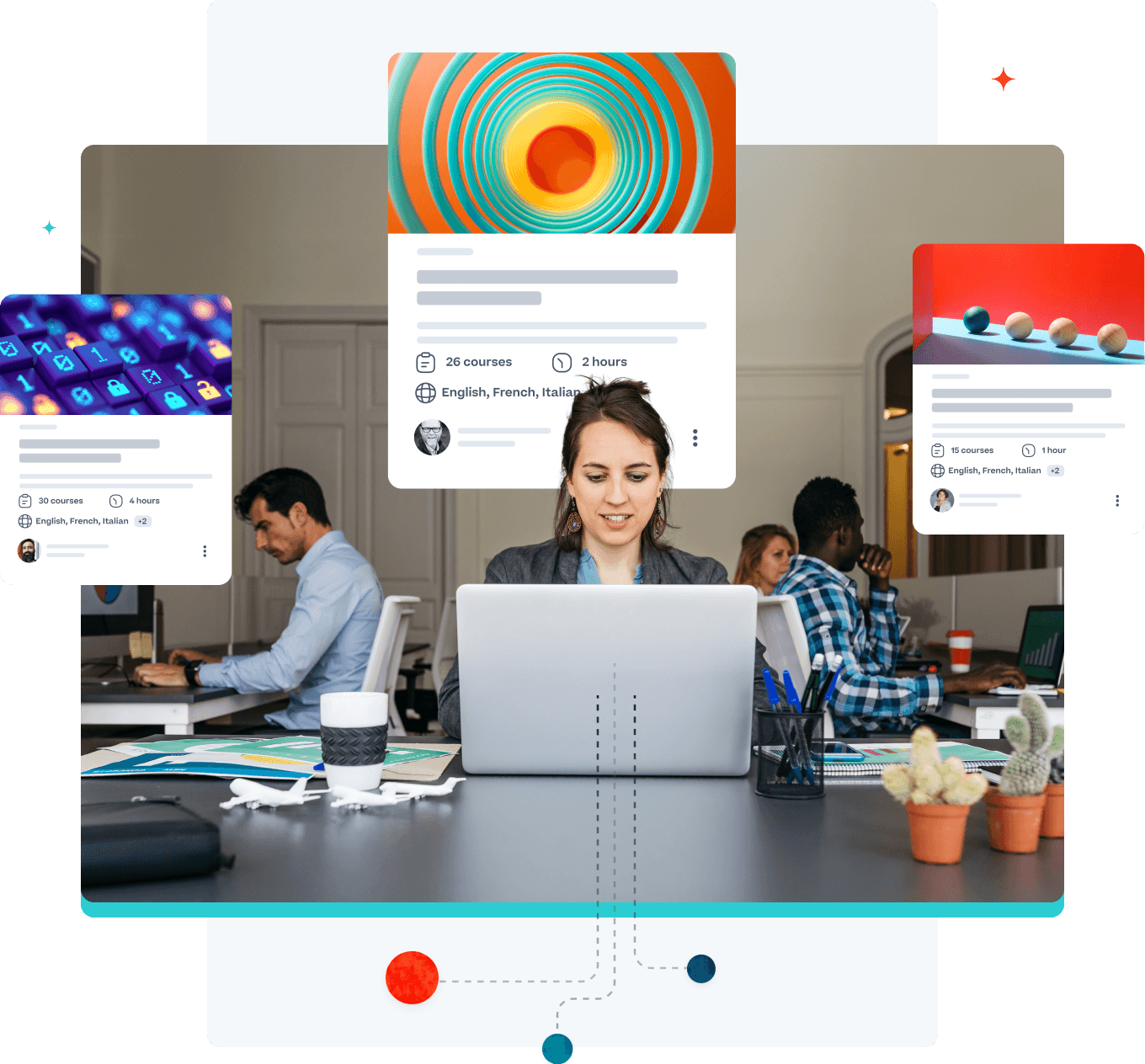 Graphical image of a woman working in an office where you can see representations of course work she is doing on her laptop.
