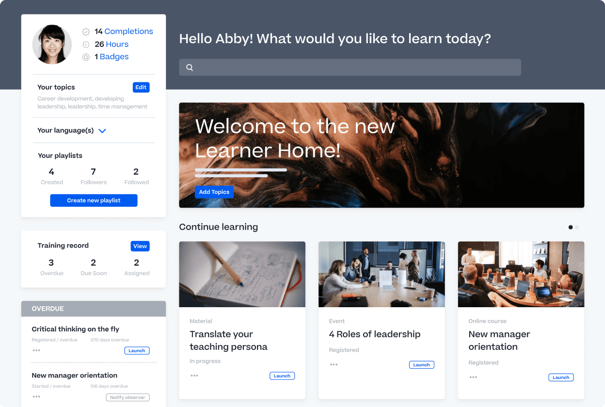 Product screenshot of Cornerstone Learner home.