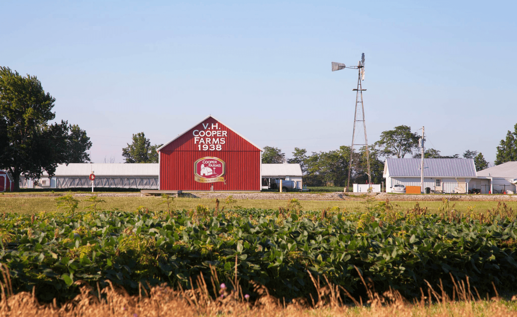 Image of a red barn on a farm with the words V.H. Cooper Farms 1938 written on it.