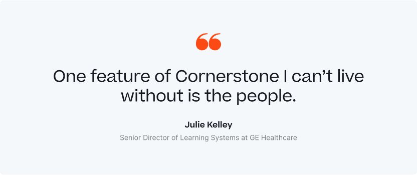 Graphic image of a quote from Senior Director of Learning Systems at GE Healthcare about using Cornerstone.