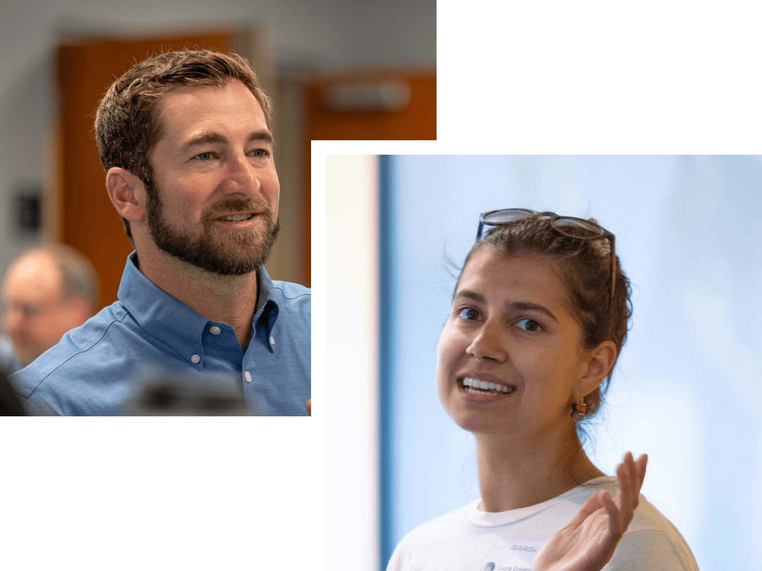Two separate portraits: a smiling man with a beard, and a smiling woman with sunglasses on her head, gesturing.