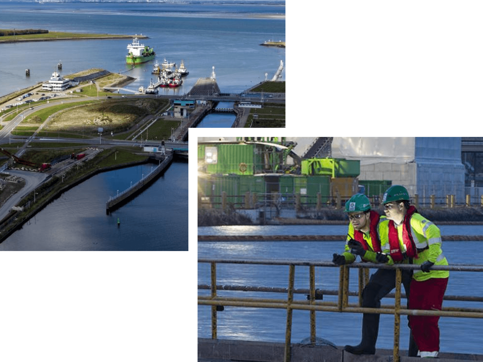 Aerial view of a harbor with ships and canal locks, and two workers in safety gear on a pier.