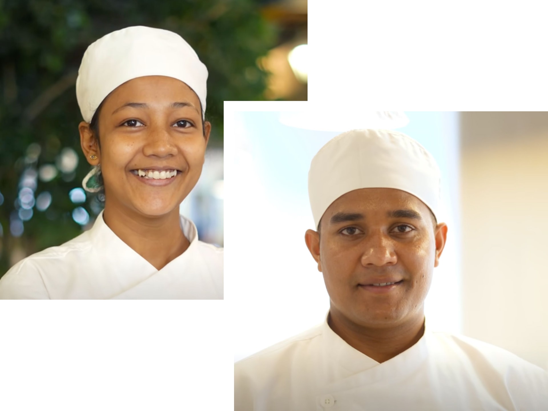 Deux chefs en uniforme blanc, une femme souriante et un homme.