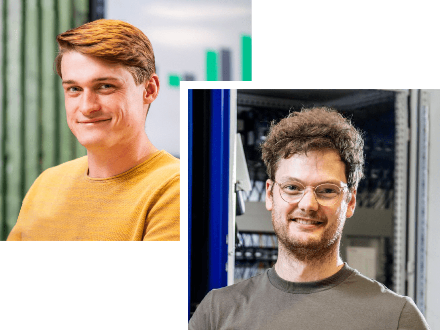 Two faces of employees smiling.