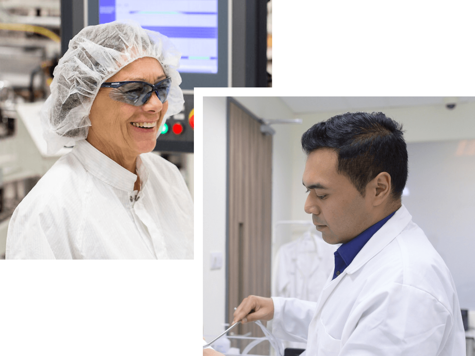 Employees in white lab coats at work.