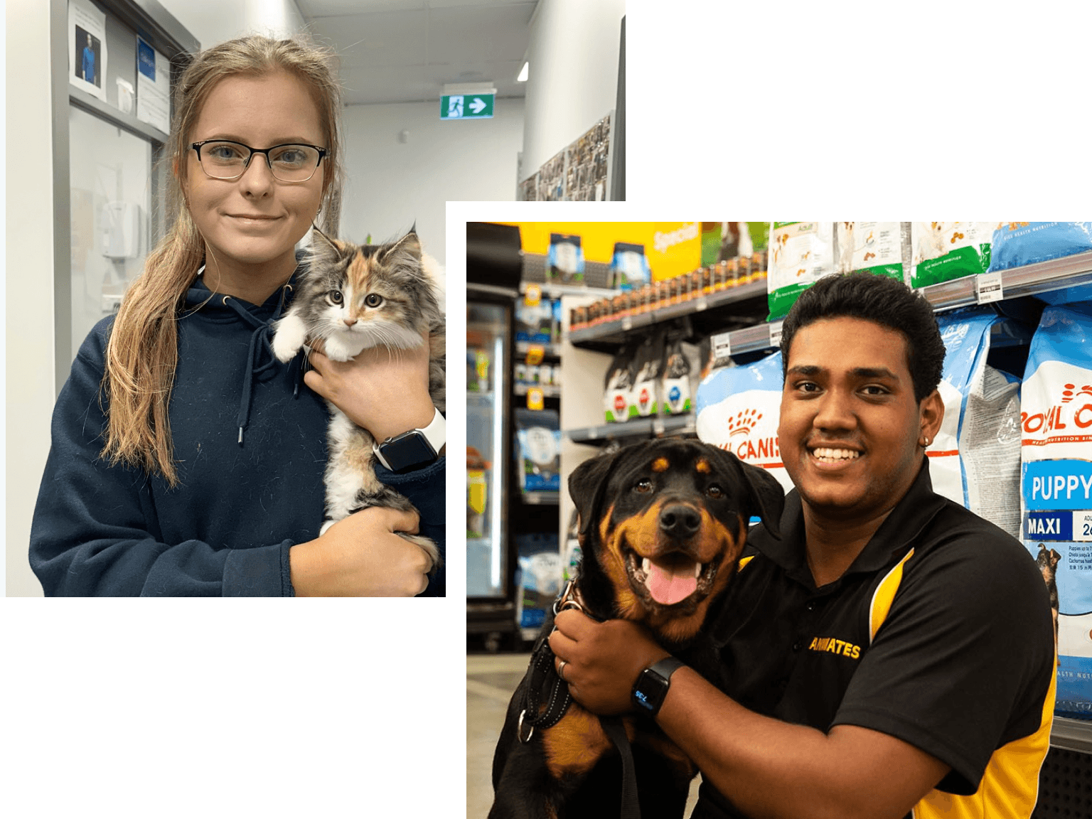 Un'immagine a collage di due persone con animali domestici.