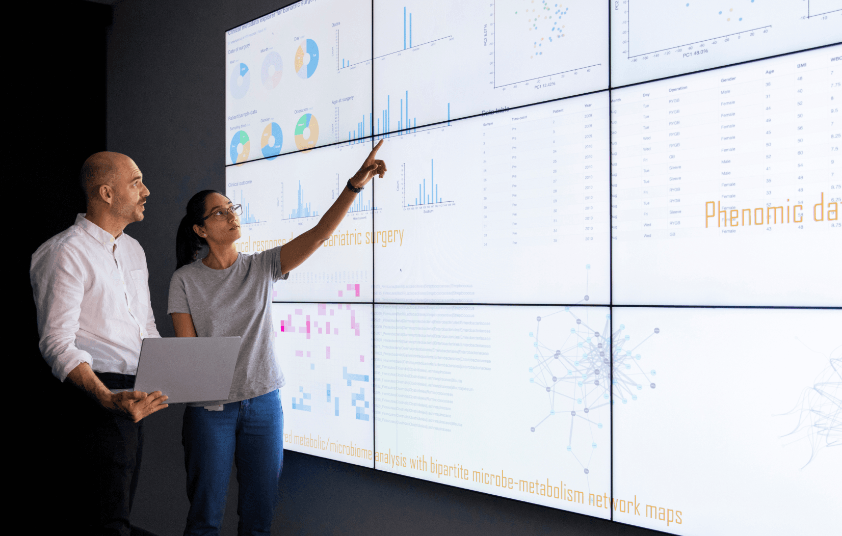 Image of two people at work reviewing a large screen containing charts, data and graphs.