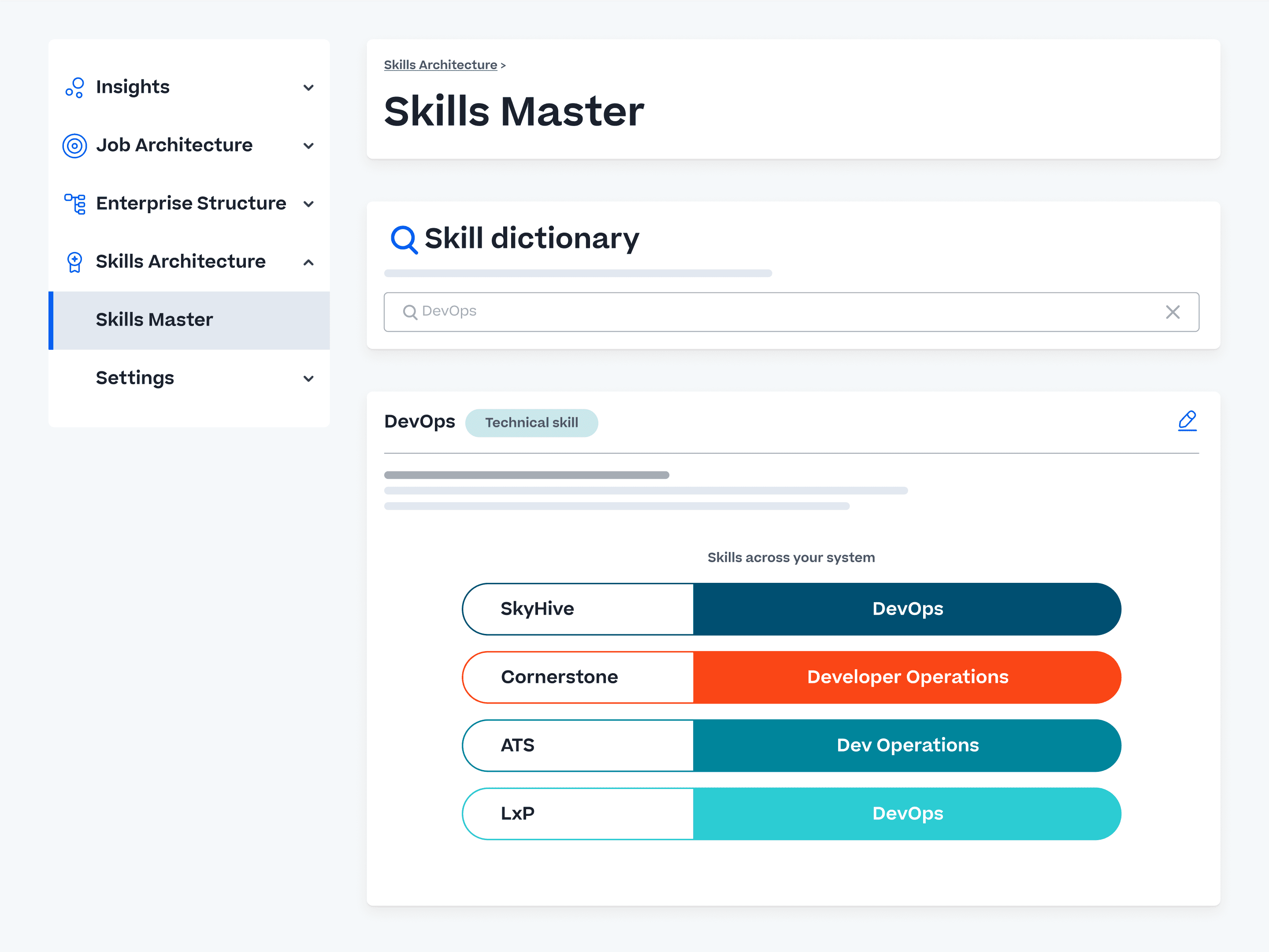 View of skills master tab.