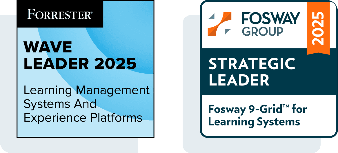 An image of two analyst award logos. On the left is the "Forrester Wave Leader 2024 in Learning Management Systems And Experience Platforms" logo. On the right, is the "Fosway Group 2025 Strategic Leader, Fosway 9-Grid For Learning Systems" logo.